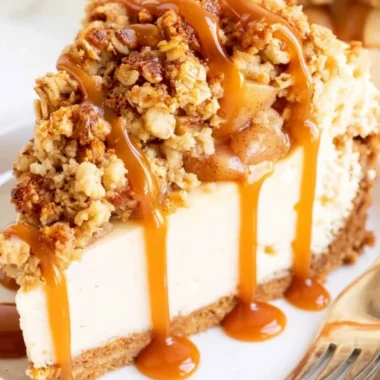 Slice of Apple Crisp Cheesecake topped with cinnamon and apple crisp topping