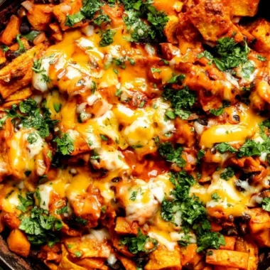 Butternut squash and black bean enchilada skillet topped with cheese