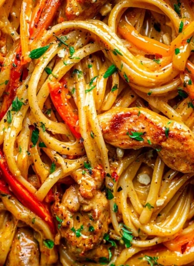 Cowboy butter chicken pasta dish garnished with fresh herbs and spices