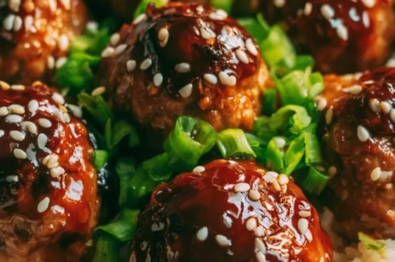 Delicious Asian meatballs served in a bowl with sauce and garnish.