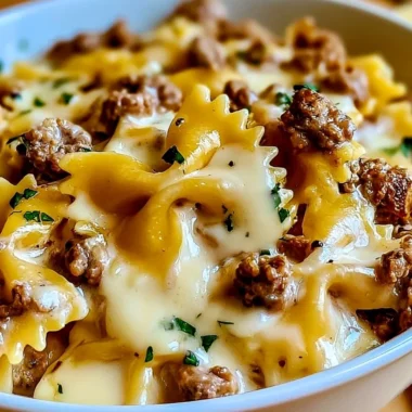 Cozy beef and bowtie pasta dish with creamy Alfredo sauce