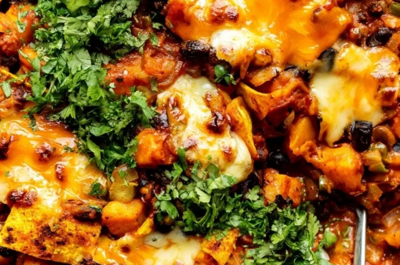 Cozy butternut squash and black bean enchilada skillet topped with cheese and herbs