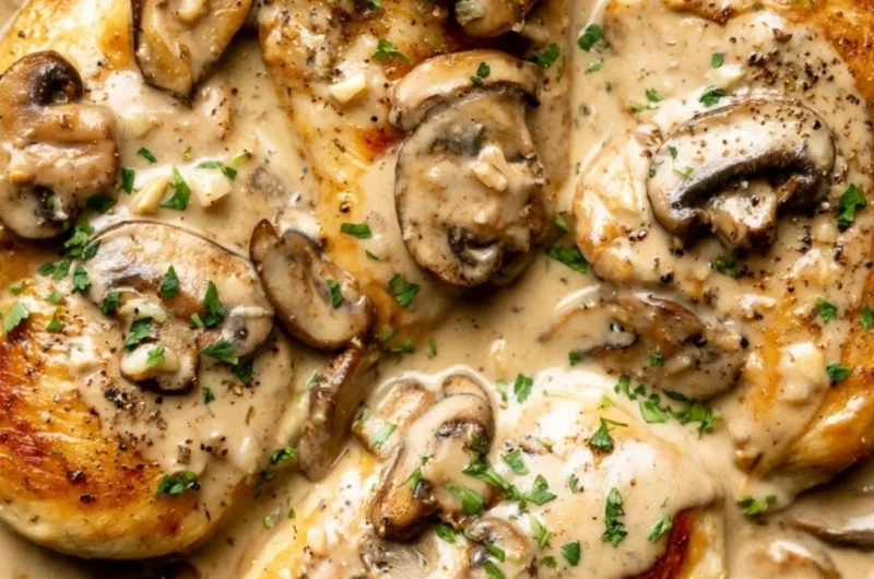 Plate of creamy white wine chicken garnished with herbs