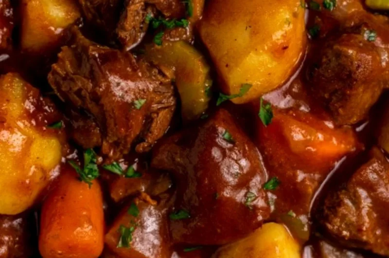 Delicious cozy crock pot beef stew with vegetables and herbs
