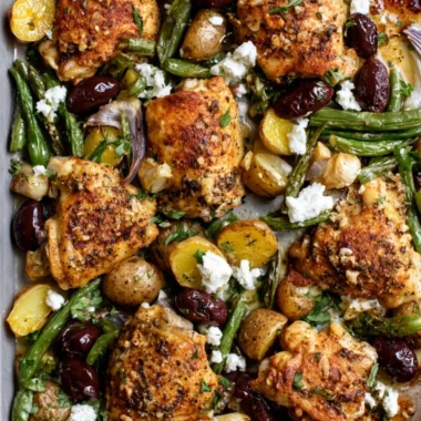 Delicious one-pan Mediterranean chicken served with fresh vegetables