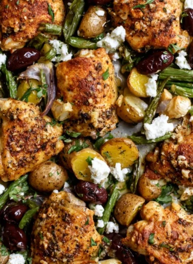 Delicious one-pan Mediterranean chicken served with fresh vegetables