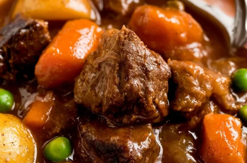 Cozy slow cooker beef stew served in a bowl with vegetables and herbs