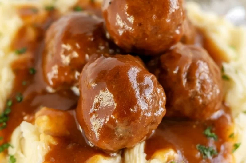 Cozy slow cooker Salisbury steak meatballs served with gravy and mashed potatoes