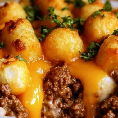 Cozy tater tot casserole with melted cheese and savory toppings baked to perfection