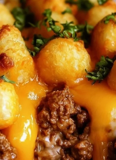Cozy tater tot casserole with melted cheese and savory toppings baked to perfection