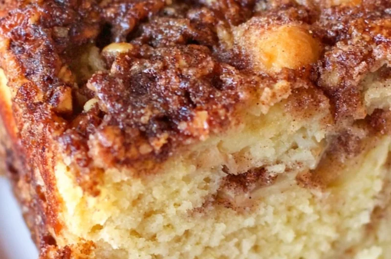 Deliciously moist apple sour cream cake topped with fresh apples and a creamy glaze