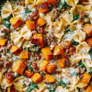 Creamy butternut squash pasta with sausage and spinach, a delicious meal option.