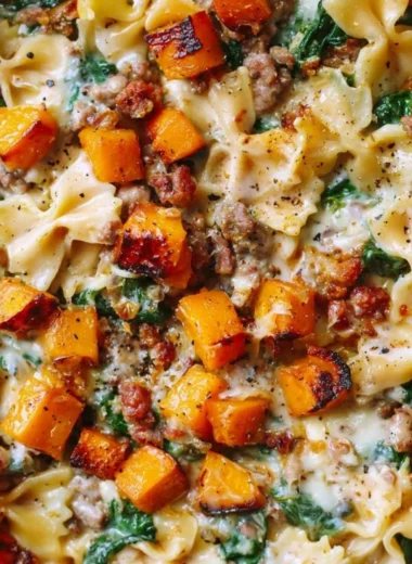 Creamy butternut squash pasta with sausage and spinach, a delicious meal option.