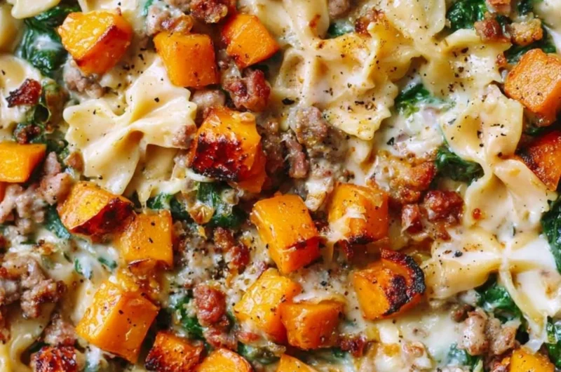 Creamy butternut squash pasta with sausage and spinach, a delicious meal option.