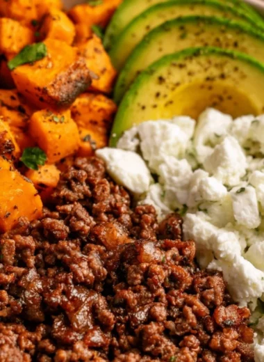 Delicious Hot Honey Sweet Potato Beef Bowl with vibrant ingredients