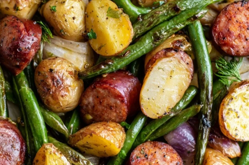 One pan dish featuring sausage, green beans, and potatoes for a quick meal.