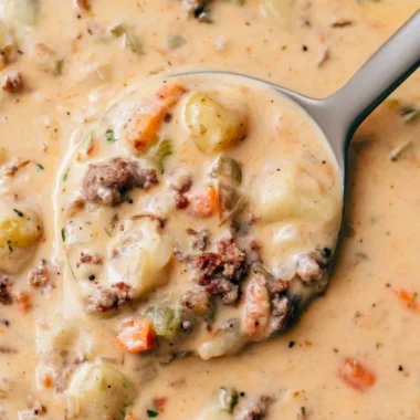 Bowl of hearty Sausage Potato Soup with vegetables and herbs