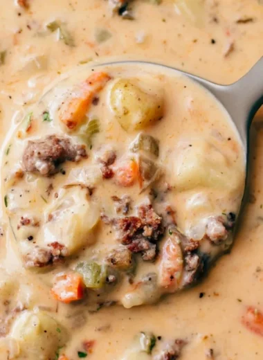 Bowl of hearty Sausage Potato Soup with vegetables and herbs