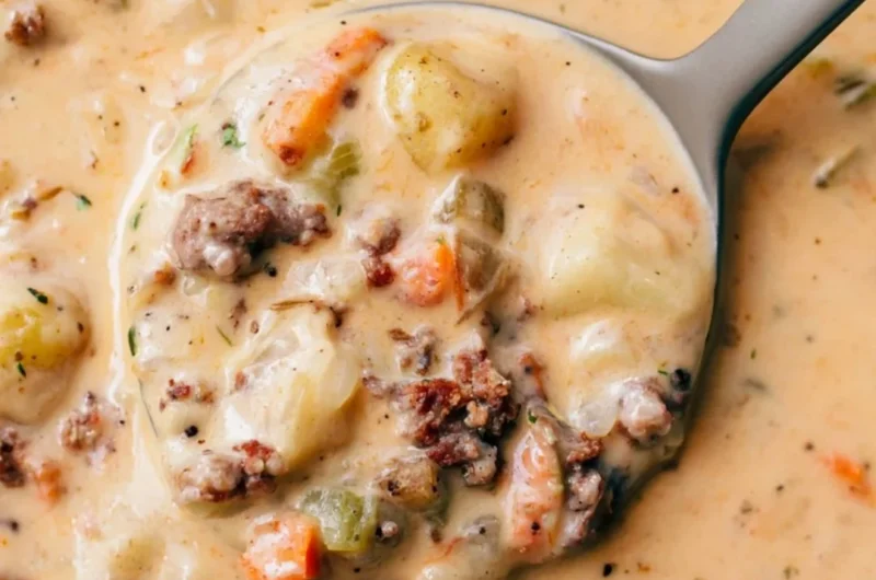 Bowl of hearty Sausage Potato Soup with vegetables and herbs