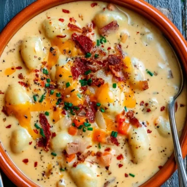 Bacon Cheddar Gnocchi Soup with crispy bacon and creamy texture in a bowl
