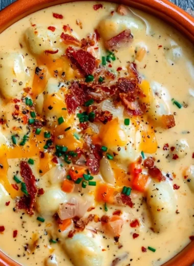 Bacon Cheddar Gnocchi Soup with crispy bacon and creamy texture in a bowl
