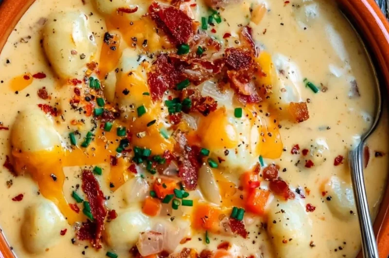 Bacon Cheddar Gnocchi Soup with crispy bacon and creamy texture in a bowl