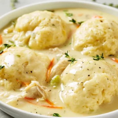 Delicious bowl of homemade chicken and dumplings with vegetables and herbs