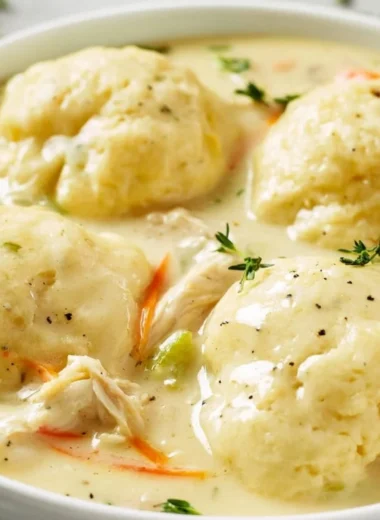 Delicious bowl of homemade chicken and dumplings with vegetables and herbs