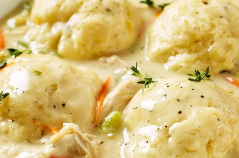 Delicious bowl of homemade chicken and dumplings with vegetables and herbs