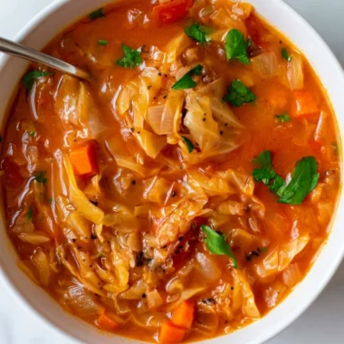 Bowl of protein-packed cabbage soup garnished with fresh herbs