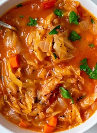 Bowl of protein-packed cabbage soup garnished with fresh herbs