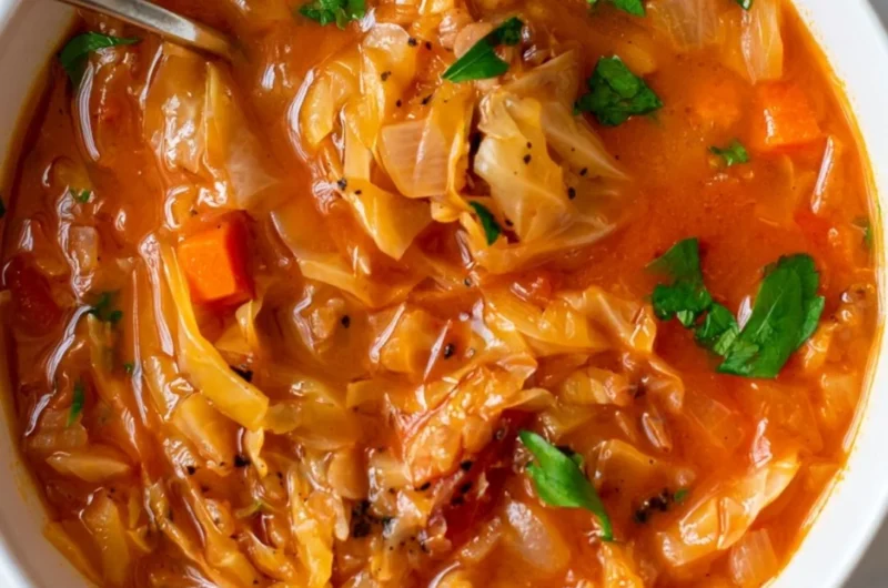 Bowl of protein-packed cabbage soup garnished with fresh herbs