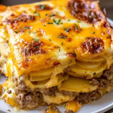 Cheesy hamburger potato casserole topped with melted cheese and golden potatoes.