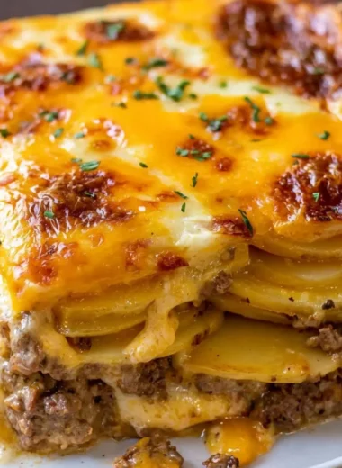 Cheesy hamburger potato casserole topped with melted cheese and golden potatoes.
