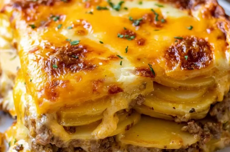 Cheesy hamburger potato casserole topped with melted cheese and golden potatoes.