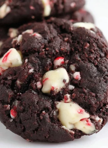 Chewy double chocolate peppermint cookies on a festive plate