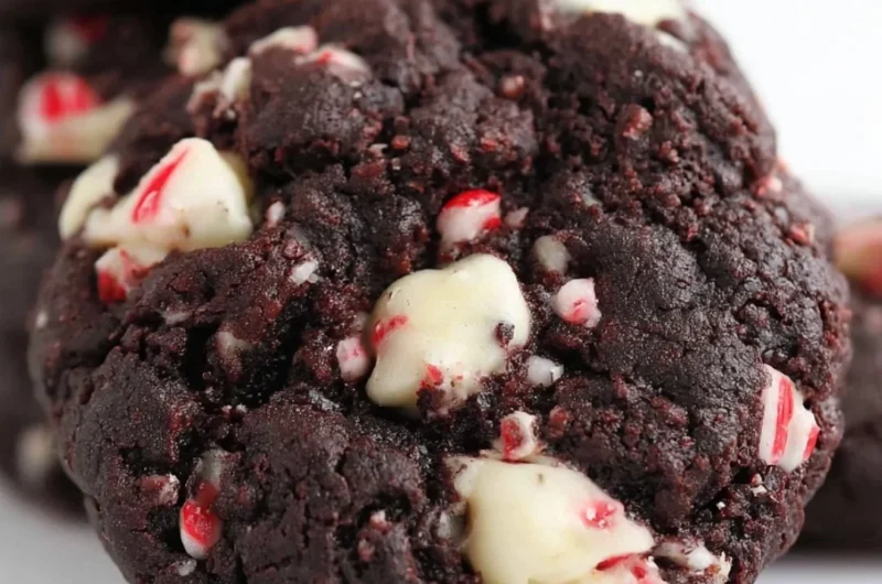 Chewy double chocolate peppermint cookies on a festive plate
