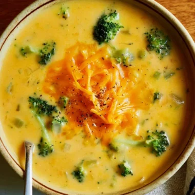 Creamy broccoli cheddar soup served in a bowl with fresh broccoli florets