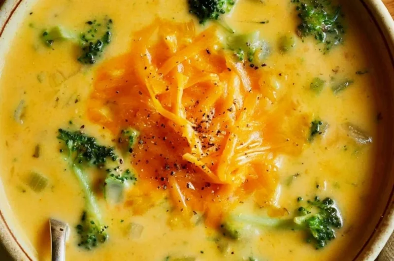 Creamy broccoli cheddar soup served in a bowl with fresh broccoli florets