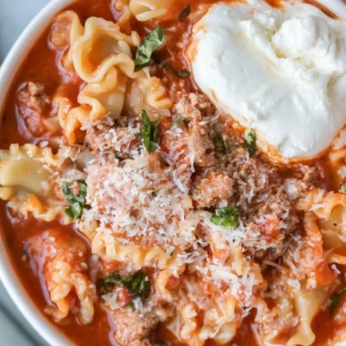 Bowl of easy lasagna soup recipe with healthy high protein ingredients.
