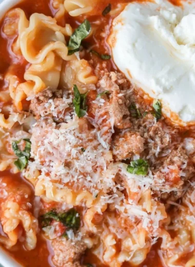 Bowl of easy lasagna soup recipe with healthy high protein ingredients.