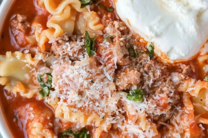 Bowl of easy lasagna soup recipe with healthy high protein ingredients.