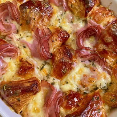 Delicious croissant bake casserole served on a plate, ready for dinner.