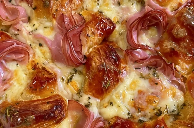 Delicious croissant bake casserole served on a plate, ready for dinner.