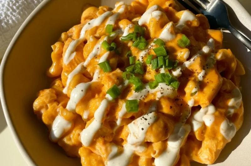 High protein buffalo chicken pasta ready to serve, garnished with herbs.