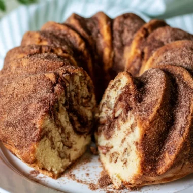 Moist Cinnamon Coffee Cake topped with a cinnamon sugar swirl