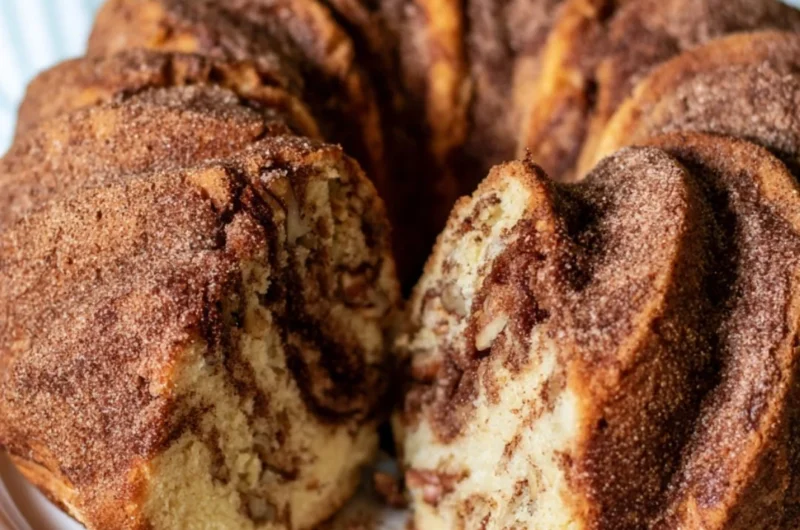 Moist Cinnamon Coffee Cake topped with a cinnamon sugar swirl