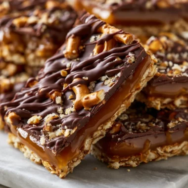 No-bake salted caramel pretzel bars with a crunchy topping