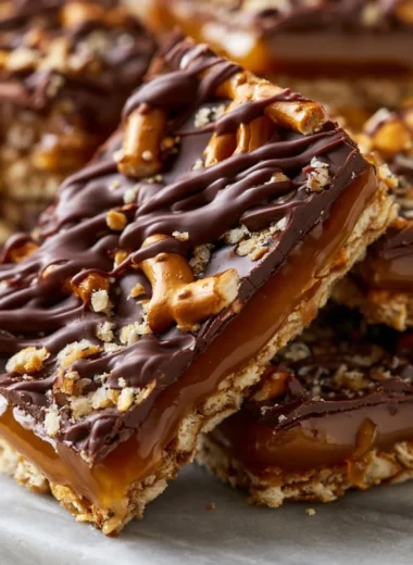 No-bake salted caramel pretzel bars with a crunchy topping