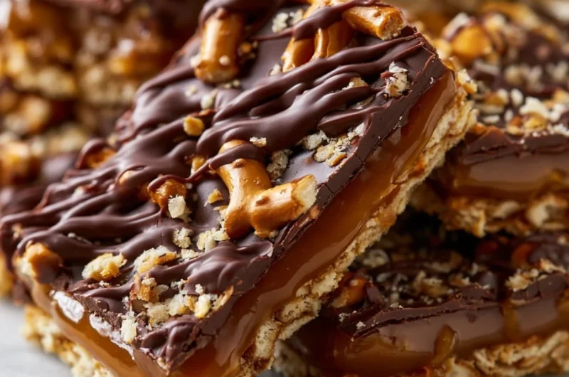 No-bake salted caramel pretzel bars with a crunchy topping